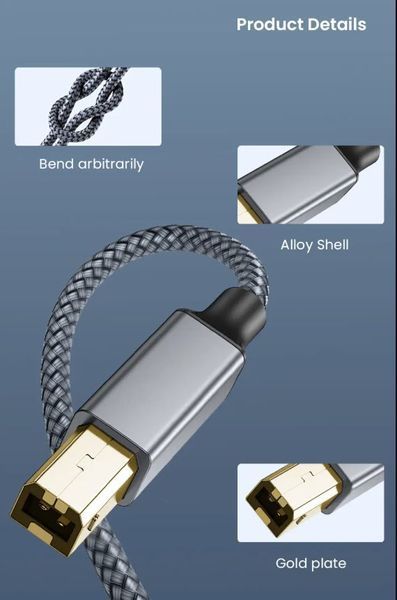 Кабель USB Type-C (male) к USB-B (male) для принтера (2 м) серый плетеный шнур для Canon Epson HP Samsung 5979-3 фото