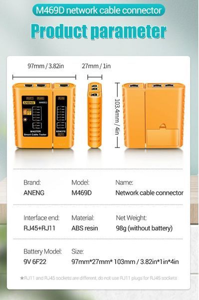 M469D тестер универсальный сетевых кабелей RJ45/RJ11/RJ12 для быстрой диагностики LAN-соединений 0070-3 фото