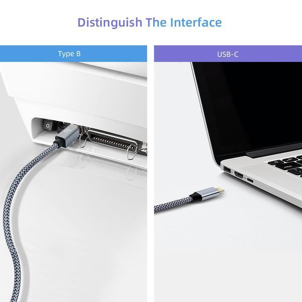 Кабель USB Type-C (male) к USB-B (male) для принтера (2 м) серый плетеный шнур для Canon Epson HP Samsung 5979-3 фото