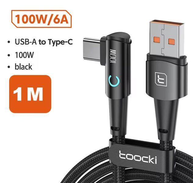 Зарядный кабель Toocki 100W (6A) USB "A" Type-C 3.2 (1м) LED подствека нейлоновая оплетка, быстрая зарядка для Oculus Quest 2 / Pico 4, OPPO, Xiaomi, Samsung 8382-5 фото
