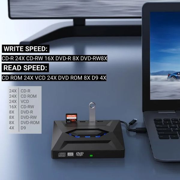 B21-Y 3-in-1 привод записывающий DVD-RW (read+write) USB 3.0 Type-C + HUB вшений Combo привод Burner, SD Card, 4312-2 фото