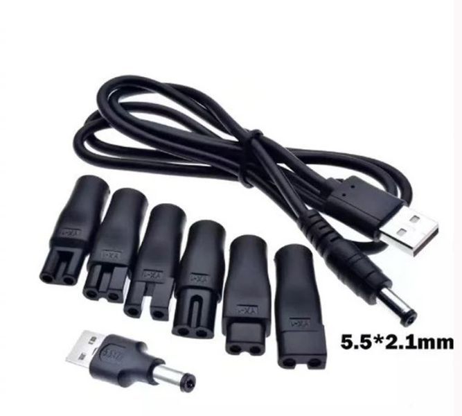 Norelco LISI набір кабелів-перехідників 8 шт (7 шт + кабель 5V USB-jack 5,5*2,1 мм) &mdash; зарядні дроти конектори роз'ємів різних форм для машинок для стриження волосся і тримерів барбершоп перукаря Shavers Razors Trimmers Philips, Remington, Wahl, Panasonic 3464-3 фото