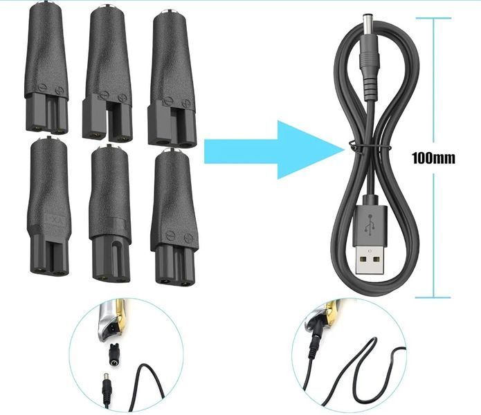 Norelco LISI набір кабелів-перехідників 8 шт (7 шт + кабель 5V USB-jack 5,5*2,1 мм) &mdash; зарядні дроти конектори роз'ємів різних форм для машинок для стриження волосся і тримерів барбершоп перукаря Shavers Razors Trimmers Philips, Remington, Wahl, Panasonic 3464-3 фото