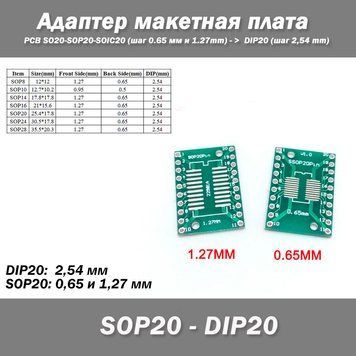 Адаптер макетна плата PCB SO20-SOP20-SOIC20 (крок 0.65 мм та 1.27mm) - > DIP20 (крок 2,54 mm) 3879 фото