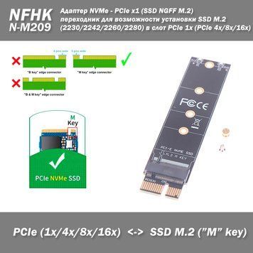 NFHK N-M209 Адаптер NVMe - PCIe x1 (SSD NGFF M.2 -KEY M-) переходник для возможности установки SSD M.2 (2230/2 7108 фото
