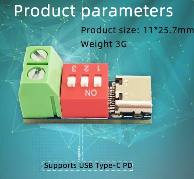 Преобразователь PDSink 303PDSink01 Type-C PD2.0 PD3.0 9V 12V 15V 20V Fast Charge с клемной колодкой и переключателями PD тригер павербанк&nbsp;имитатор эмулятор Power Delivery быстрая зарядка контро 7276-2 фото