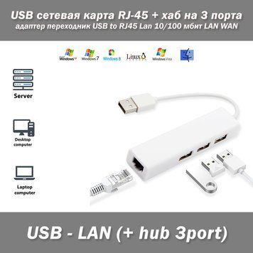 USB хаб на 3 порта + сетевая карта RJ-45 Адаптер переходник USB to RJ45 Lan 10/100 мбит LAN WAN 3271 фото