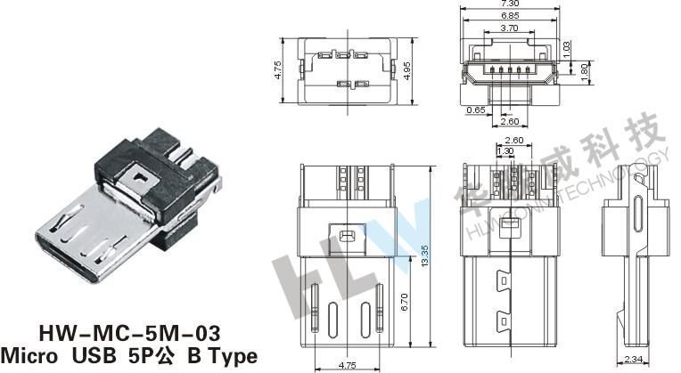 Коннектор Micro USB 5 pin в корпусе папа Type-B папа Male Three-piece Socket Connector HW-MC-5M-03 2602 фото
