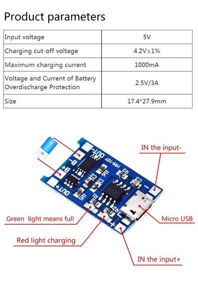 Зарядное устройство ЗУ контроллер для АКБ 18650 (разъем micro USB) 5V 1A (С ЗАЩИТОЙ) TP4056 6088 фото