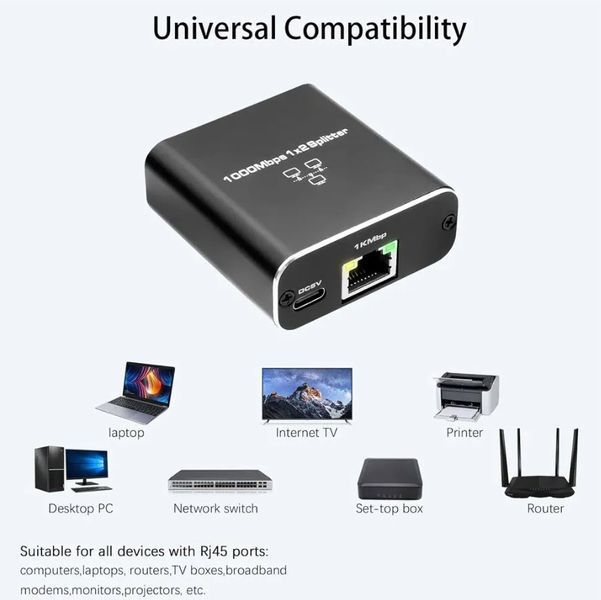 Спліттер мережна RJ45 Ethernet 10/100/1000 Мбіт/с RJ45 (1 вхід -> 2 виходи) LAN гігабітний адаптер езернет комутатор розгалужувач 1000Mbps  8192 фото