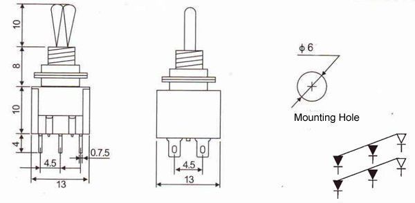 Перемикач тумблер 2-позиційний ВКЛ-ВКЛ 6 контактів 6-Pin DPDT ON-ON 6A 125V AC 2795 фото