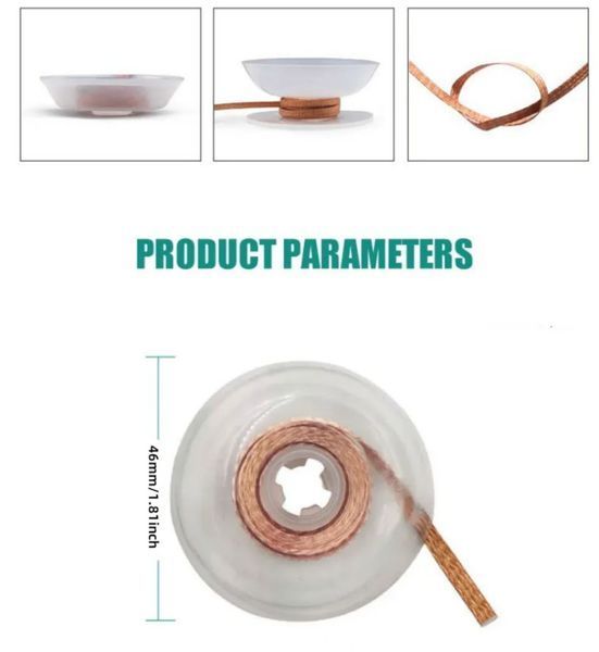 CP-1515 оплетка для выпайки припоя 1.5 мм (1.5 м) Desoldering Braid Solder Remover Оплетка для выпайки припоя CP-2015 1.5 мм * 1.5 м. &nbsp;Диаметр: 2,0 мм. &nbsp;Длина: 1,5 м. &nbsp;Вес: 9 г.  Высококачественная медная оплетка профлюсована флюсом класса &laquo;RMA&raquo;. Особотон 3031-2 фото