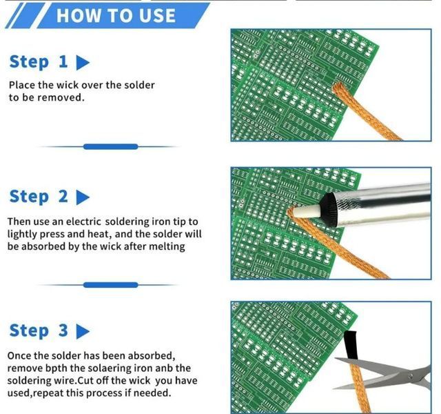 CP-1515 оплетка для выпайки припоя 1.5 мм (1.5 м) Desoldering Braid Solder Remover Оплетка для выпайки припоя CP-2015 1.5 мм * 1.5 м. &nbsp;Диаметр: 2,0 мм. &nbsp;Длина: 1,5 м. &nbsp;Вес: 9 г.  Высококачественная медная оплетка профлюсована флюсом класса &laquo;RMA&raquo;. Особотон 3031-2 фото