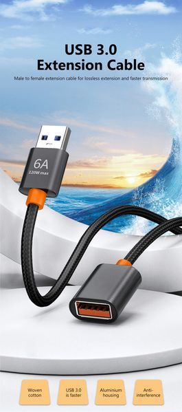 USB 3.0 6А 120W подовжувач (1 м) гнучкий кабель обплетення extender Cable Female To Male 7247 фото