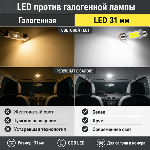 Светодиодная лампа C5W C10W 31 мм Canbus COB LED 12V белая для салона, номера, багажника авто&nbsp; 5876 фото