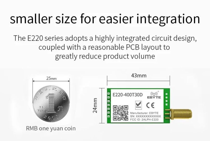 E220-400T30D (433MHz-470MHz) LoRa LLCC68 модуль беспроводный DIP с выходом под антену SMA-K/IPX Wireless Module 22dBm дальнего действия Long Range 5...10 km 8211 фото