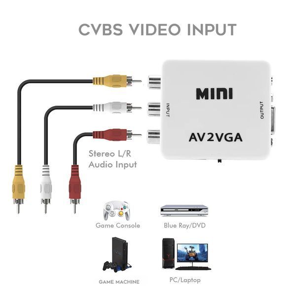 Конвертер AV 3*RCA - VGA (720р, 1080р) + 3.5 мм audio преобразователь видеосигнала VHS DVD Game Dendy для выво 7597 фото