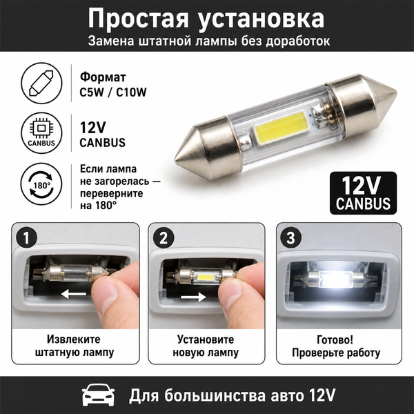 Светодиодная лампа C5W C10W 39 мм Canbus COB LED 12V белая для салона, номера и багажника авто 5878 фото