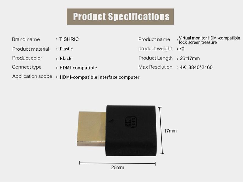 HDMI 4K UHD заглушка віртуальний монітор емулятор Monitor Emulator Adapter Virtual Display 3840*2160 pxls resolution 7249 фото