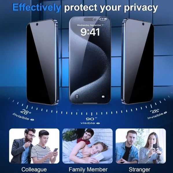 Apple iPhone 15/15Pro/16 6,1" стекло 3D 9H AntiSpy -Privacy- тонированное защитное противоударное с углом обзора 30 градусов (цвет: черный) 8222 фото