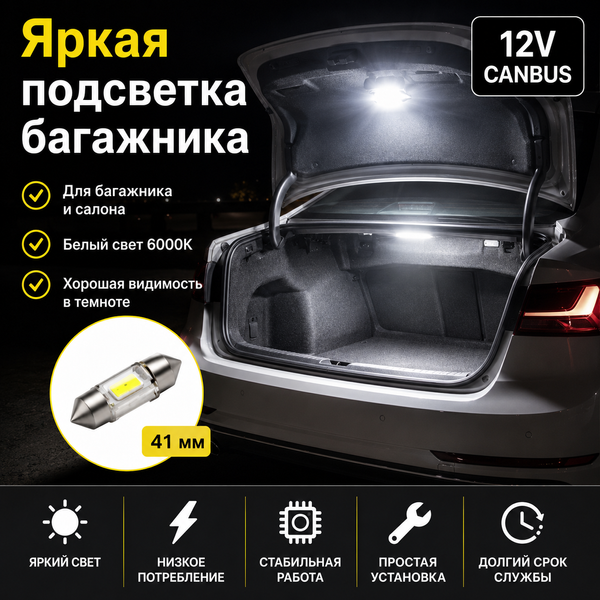Светодиодная лампа C5W C10W 41 мм Canbus COB LED 12V белая для салона, номера и багажника авто 5879 фото