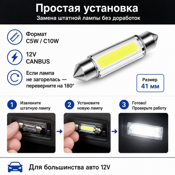 Светодиодная лампа C5W C10W 41 мм Canbus COB LED 12V белая для салона, номера и багажника авто 5879 фото