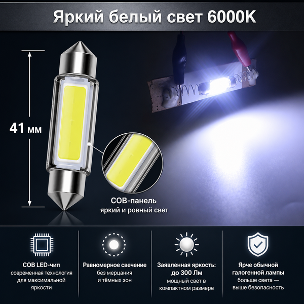 Светодиодная лампа C5W C10W 41 мм Canbus COB LED 12V белая для салона, номера и багажника авто 5879 фото