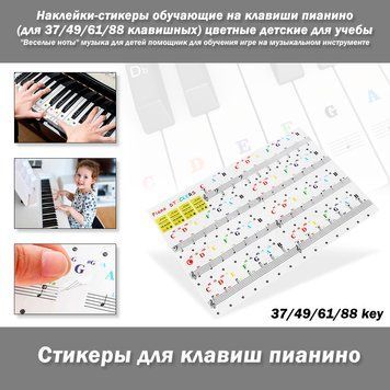 Наклейки-стікери навчальні на клавіші піаніно (для 37/49/61/88 клавішних) кольорові дитячі для навчання "Веселі ноти" музика для д 7702 фото