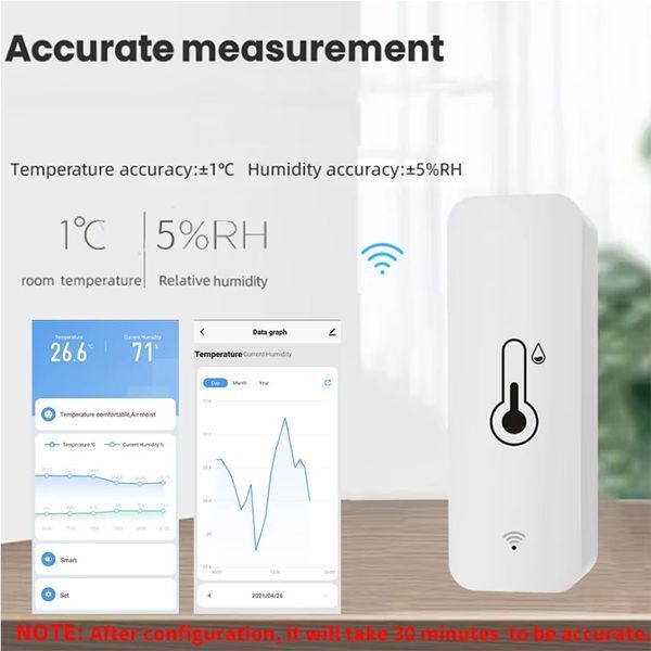 Tuya TH01 (Wi-Fi, 2.4 ГГц, IEEE 802.11 b/g/n) термодатчик (белый) влажность + температура (термометр-гигрометр 7977 фото