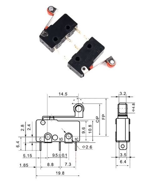SPDT кнопка мікроперемикач з роликом KW11-3Z KW12-N 5A 125v 3pin 20*10*6 мм (з важелем) Logitech&nbsp;RAZER G700, Apple 8202 фото