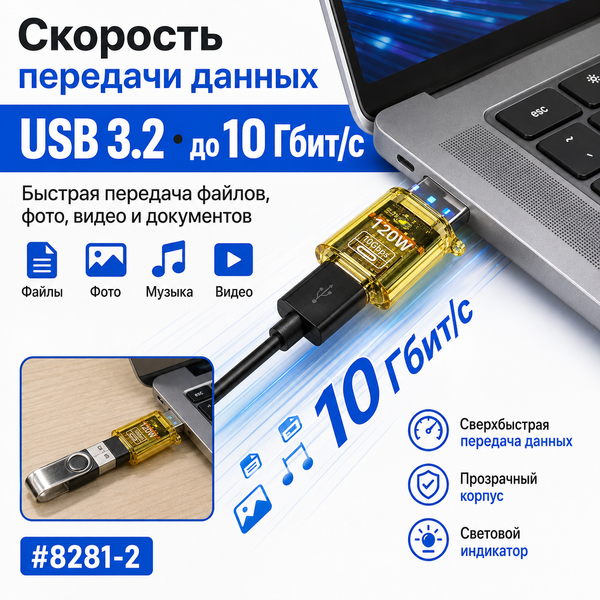 Адаптер USB 3.2 &mdash; Type-C 120W швидке заряджання та передавання даних 10 Гбіт/с, OTG для Xiaomi Huawei Fast Charging OTG 8281-2 фото