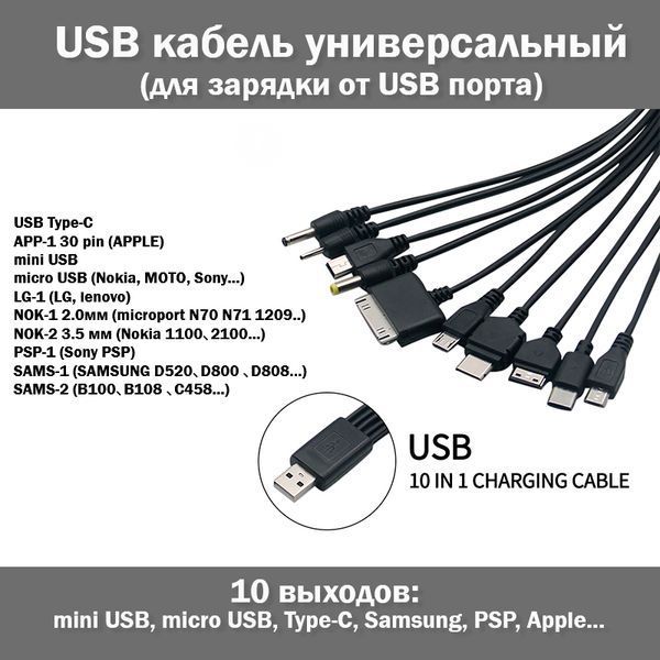10 в 1 универсальный USB кабель для зарядки телефонов планшетов фотоаппаратов игровых консолей и др iPod, MOTO 2577 фото
