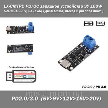 LX-CMTPD PD/QC зарядний пристрій ЗУ 100W 5-9-12-15-20V, 5A (вхід Type-C мама, вихід 2 pin мама "під гвинт") Модель: LX-CMTPD PD 2. 7486 фото