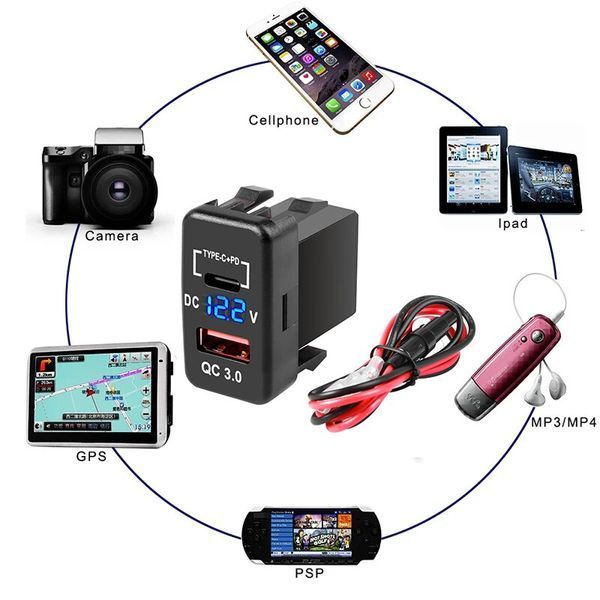 Сокет Toyota USB 2 порти USB (type-C PD + QC 3.0) 40*40*22мм 12-24В установка в заглушку кнопок ВОЛЬТМЕТР LED 6907 фото