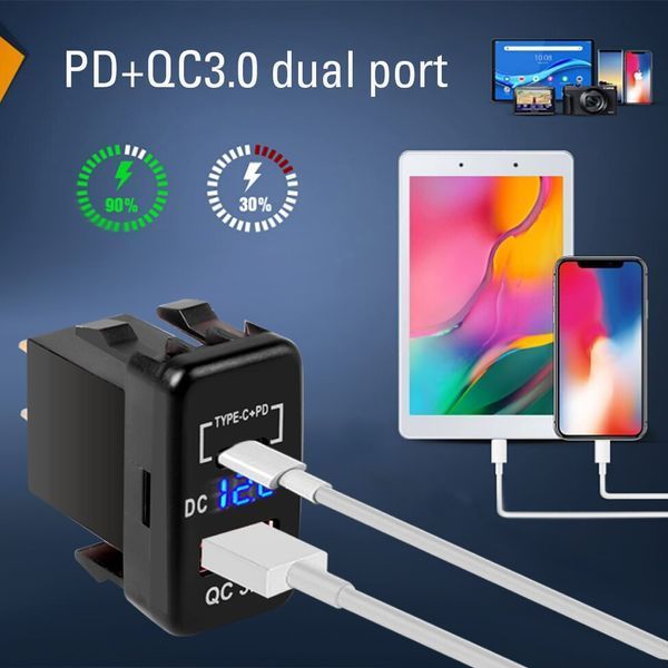 Сокет Toyota USB 2 порти USB (type-C PD + QC 3.0) 40*40*22мм 12-24В установка в заглушку кнопок ВОЛЬТМЕТР LED 6907 фото