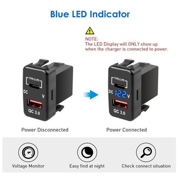 Сокет Toyota USB 2 порти USB (type-C PD + QC 3.0) 40*40*22мм 12-24В установка в заглушку кнопок ВОЛЬТМЕТР LED 6907 фото