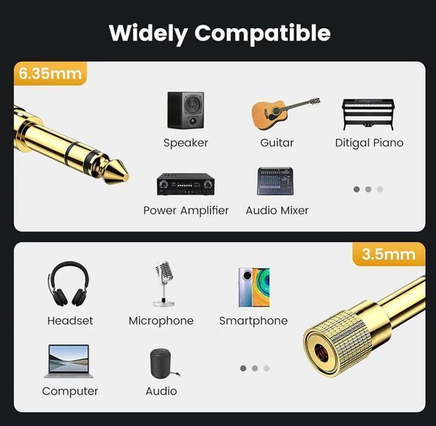 Стереоадаптер штекер 6.3 мм aux (6.35 mm male тато) &mdash; 3.5 мм (female мама) mini jack золоте напилення adapter 4239 фото
