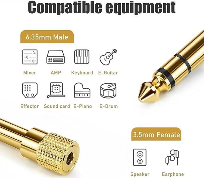 Стереоадаптер штекер 6.3 мм aux (6.35 mm male тато) &mdash; 3.5 мм (female мама) mini jack золоте напилення adapter 4239 фото