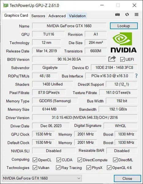 Видеокарта GIGABYTE GeForce GTX1660 6144Mb б/у идеальное состояние (чек, гарантия, тест) 1660-2 фото