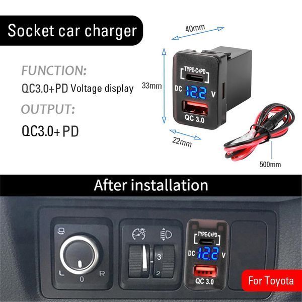 Сокет Toyota USB 2 порта USB (type-C PD + QC 3.0) 40*33*22 мм 12-24В установка в заглушку кнопок ВОЛЬТМЕТР LED 6908 фото