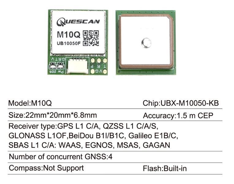 QUESCAN M10Q UBX-M10050-KB GNSS модуль с антенной 4-системный приемник (184 канал.GPS+Galileo+GLONASS+BeiDou+QZSS+SBAS) NMEA UBX 1-25 Гц 22*20 мм Module &nbsp;Antenna Receiver&nbsp; Высокопроизводительный и компактный GNSS модуль нового поколения на платформе u-blo 8169 фото