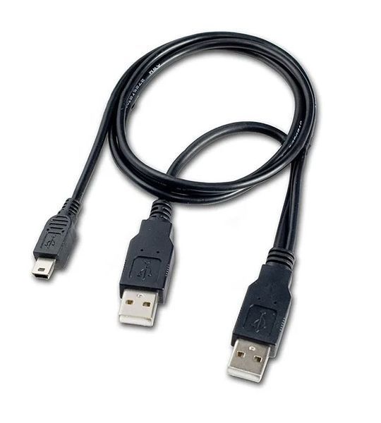 Кабель Dual USB Type-A "тато" (*2) &mdash; mini USB 5 pin Type B "тато" посилений (з дод.живленням) 0,5 м для засочення пристроїв із високим енергоспоживанням Кабель із подвійним USB-A &mdash; рішення для пристроїв із високим енергоспоживанням типу старих зовнішніх H 8166 фото