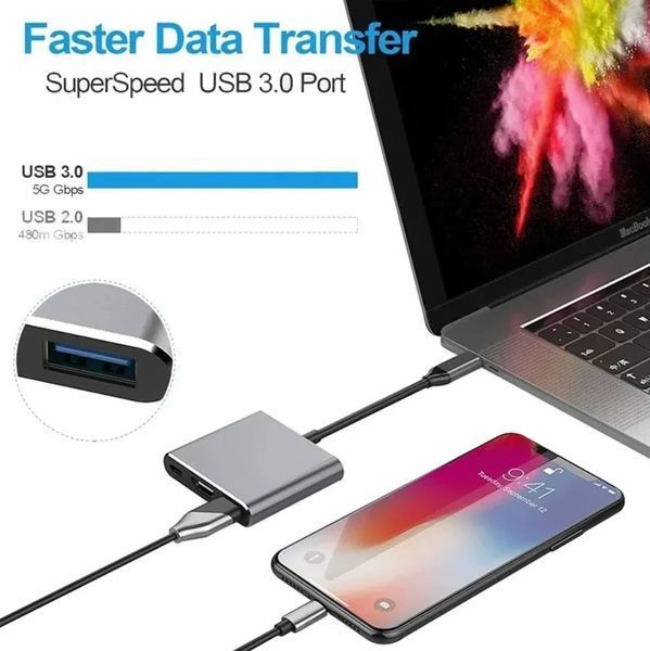3-в-1 USB-C PD HDMI Hub 4K FullHD 1080i виведення відео з телефону на ТБ/монітор HDMI-сумісний розгалужувач ЮЗБ 3.0 док-станція дл 8193 фото