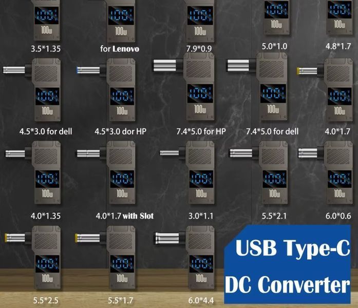 PD 100W 20V 5A (Type-C, GaN) DC5521 5.5*2.1 мм (Acer, Lenovo, ASUS, Toshiba) с LED дисплеем (параметры питания) переходник адаптер для зарядного устройства коннектор для БП угловой 7057-2 фото