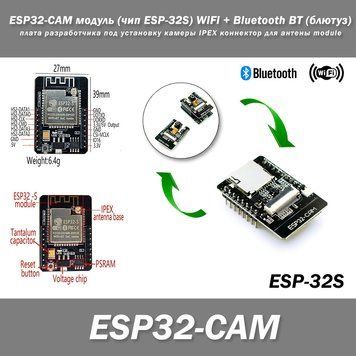 ESP32-CAM модуль (чип ESP-32S) WiFi + Bluetooth BT (блютуз) плата разработчика под установку камеры IPEX конне 7351 фото