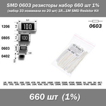 SMD 0603 резистори набір 660 шт 1% (набір 33 номіналу по 20 шт) 1R...1M SMD Resistor Kit 7083 фото
