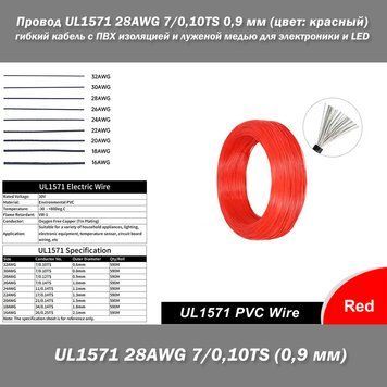 Провод UL1571 28AWG 7/0,10TS 0,9 мм (цвет: красный) гибкий кабель с ПВХ изоляцией и луженой медью для электроники и LED 6033-2 фото