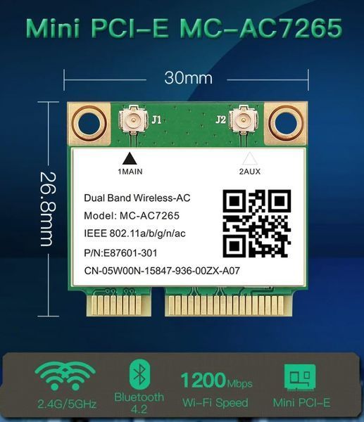 Мережева карта MC-AC7265 Mini PCI-E Wi-fi 802.11 ас (2.4 ГГц/5 ГГц) Bluetooth 4.2 бездротовий адаптер модуль для ноутбука та ПК 8279 фото