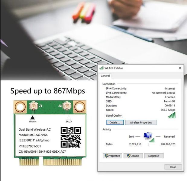 Мережева карта MC-AC7265 Mini PCI-E Wi-fi 802.11 ас (2.4 ГГц/5 ГГц) Bluetooth 4.2 бездротовий адаптер модуль для ноутбука та ПК 8279 фото