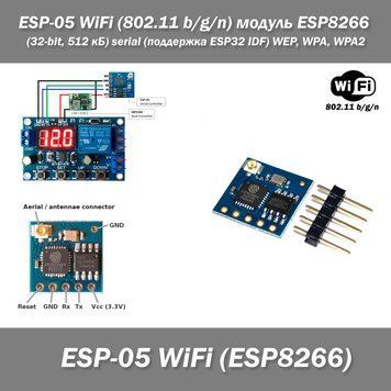 ESP-05 WiFi (802.11 b/g/n) module ESP8266 (32-bit, 512 кБ) serial (поддержка ESP32 IDF) WEP, WPA, WPA2 7319 фото